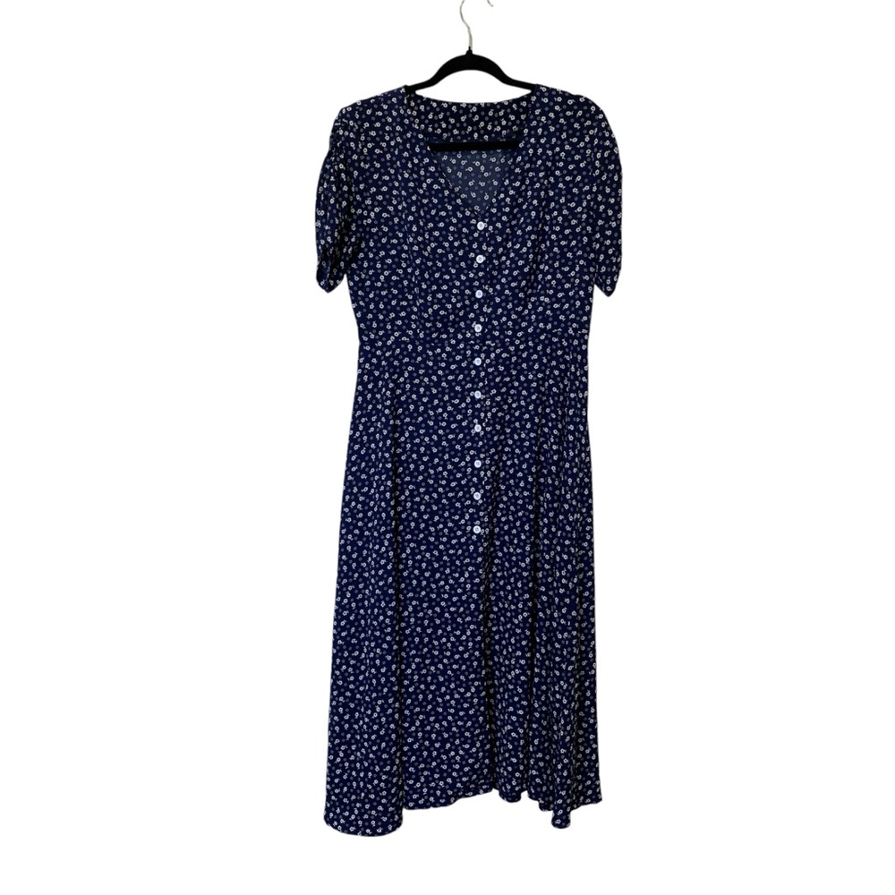 SHEIN | Button Front V Neck Maxi Dress Navy Blue with Floral Pattern Size Large